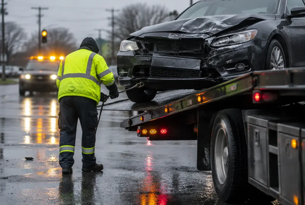 Operator winching a damaged sedan onto a flatbed after a crash