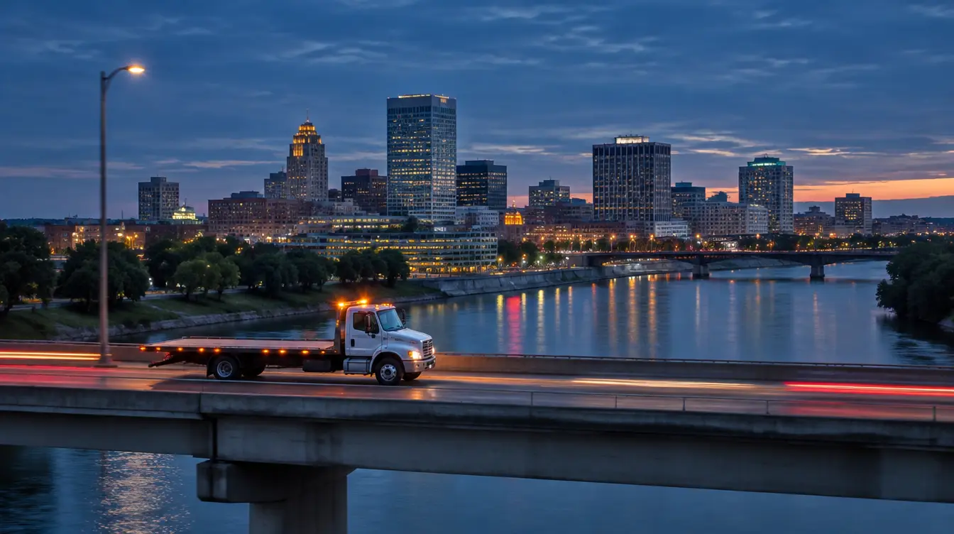 Flatbed tow truck crossing a river bridge below the city skyline