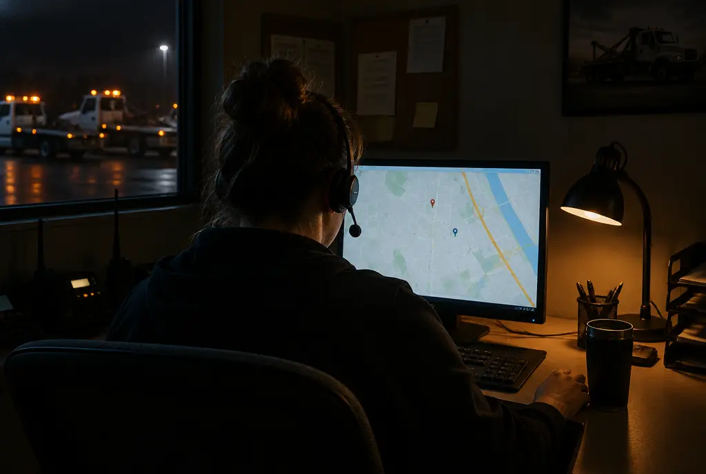 Dispatcher with a headset watching a map in a dark office