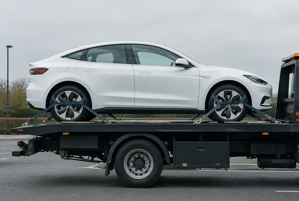 Electric car strapped on a flatbed with all four wheels off the ground