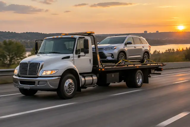 Flatbed carrying an SUV on the interstate at sunset