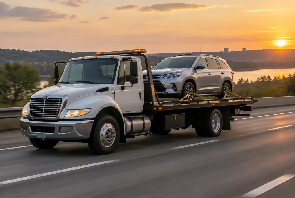 Flatbed carrying an SUV on the interstate at sunset