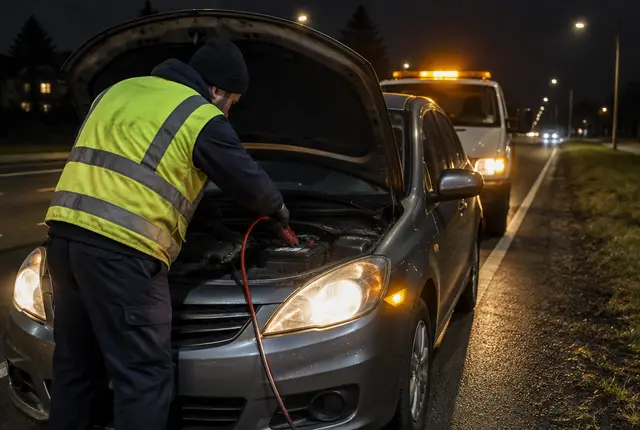 Roadside technician jump-starting a stalled car at night