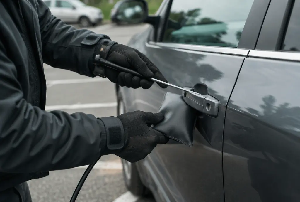 Gloved hands opening a locked car door with a long-reach tool
