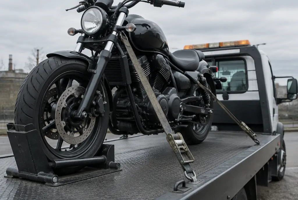 Motorcycle chocked and strapped upright on a flatbed deck