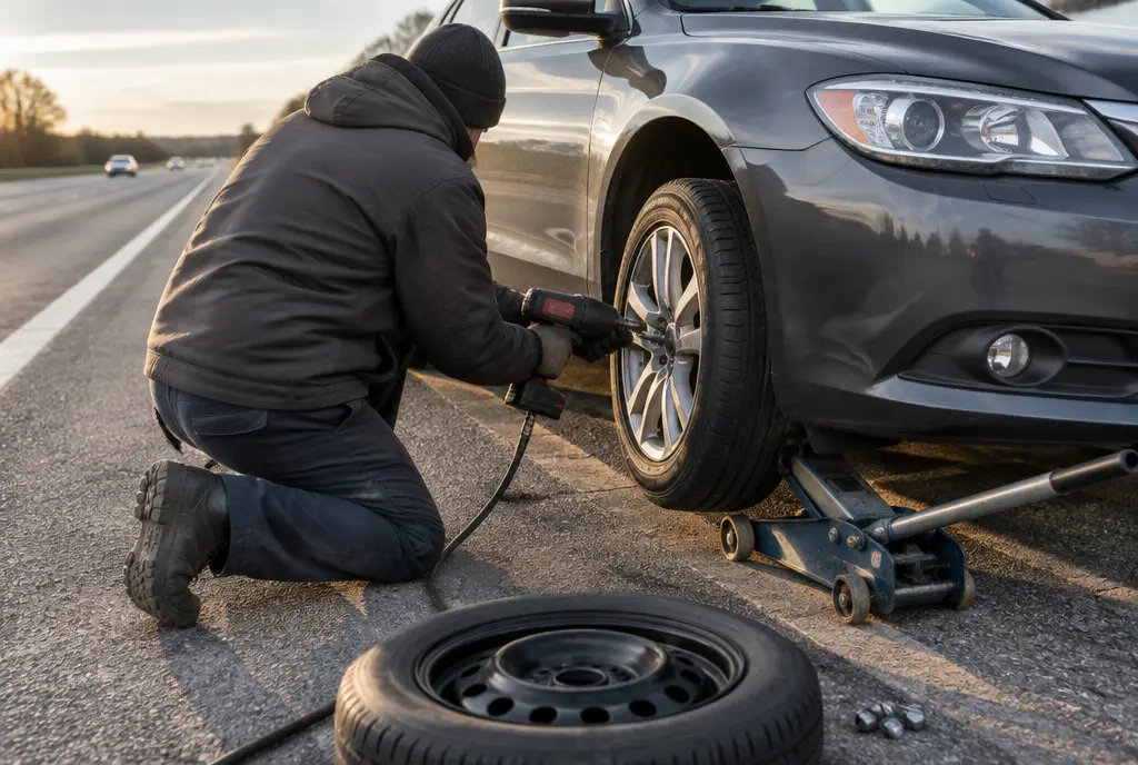 Technician changing a flat tire on the highway shoulder