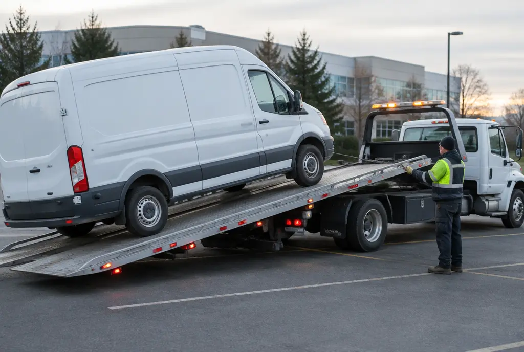 Cargo van being winched onto a flatbed in a business park