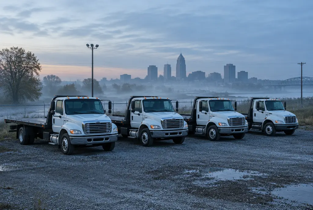 Row of flatbed tow trucks parked in a gravel yard at dawn